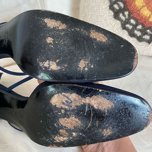 YSL Yves Saint Laurent 90s Blue Satin Block Heels - Picture 6 of 16